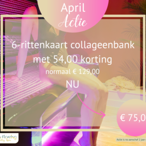 April actie: Geniet van 6 collageenbanksessies in een privéruimte. UV-vrij, veilig en geschikt voor iedereen. Versterk je huid en ervaar diepe ontspanning.